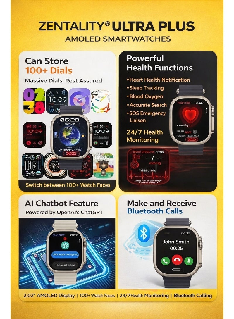 ZENTALITY Ultra Plus AMOLED Smart Watch 2.02” Display, Bluetooth Calling, 24/7 Health Monitoring, Up to 20 Days Battery, Water Resistant, 70+ Sports Modes – Black - Image 2